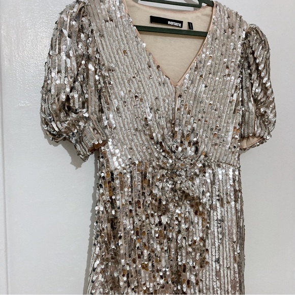 Rotate Birger Christensen Sierina Dress Silver Sequin Puff Sleeve Midi Size 6 - Picture 5 of 16